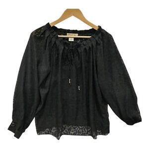 Vintage Y2K Arden B Black Textured Sheer Blouse Peasant Style Coquette Tie Neck